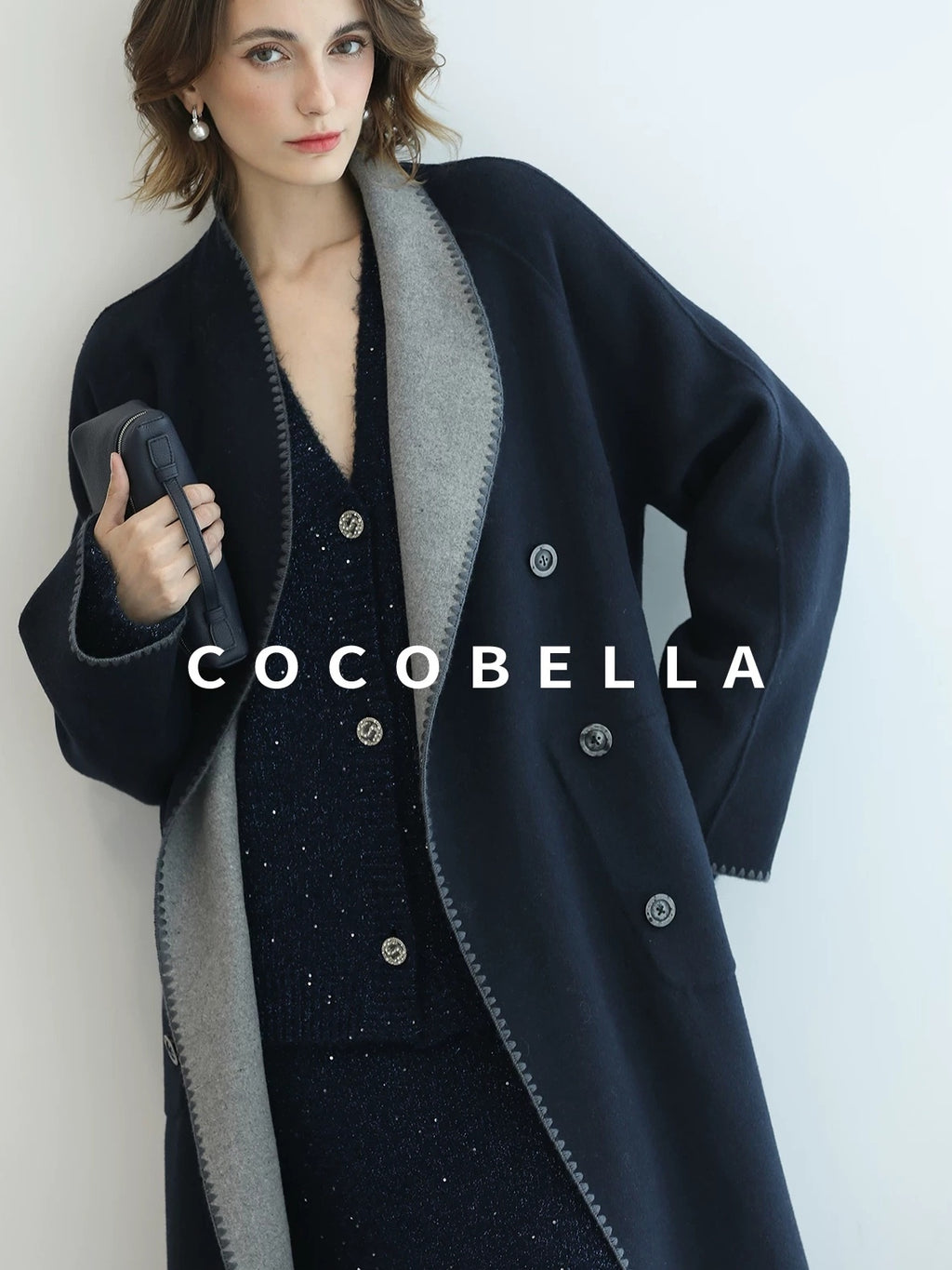 COCOBELLA Warm Wool Blend Double Breasted Long Minimal Relaxed Fit Pockets Office Coats