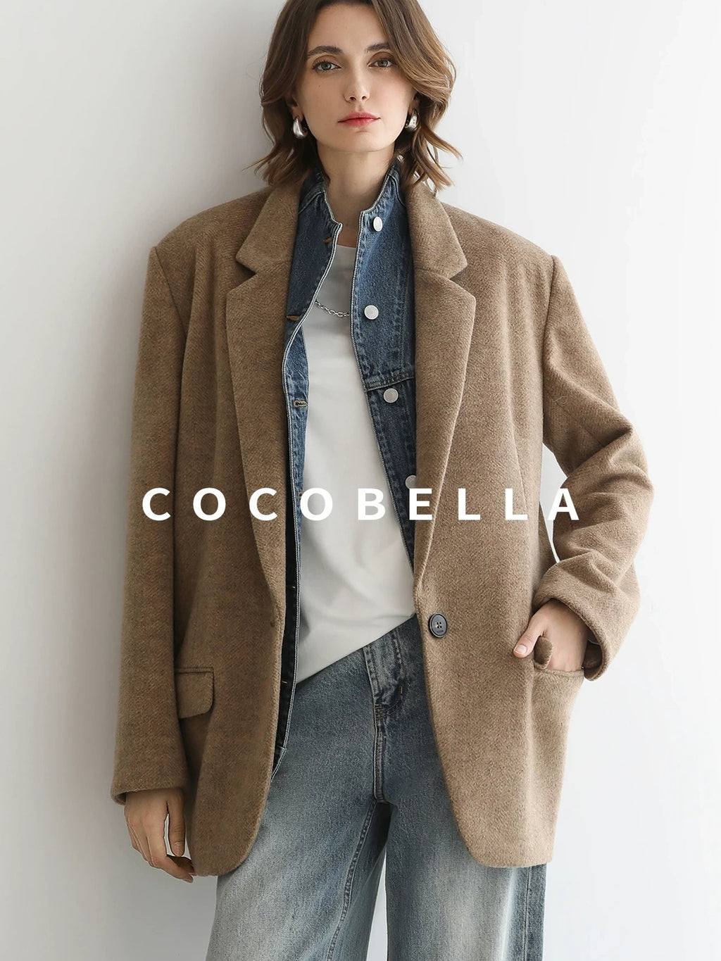 COCOBELLA Warm Wool Blend Loose Fit Single Button Flap Pocket Office Regular Blazers