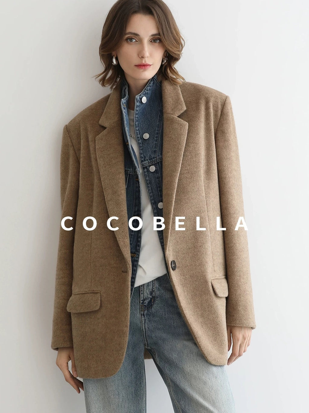COCOBELLA Warm Wool Blend Loose Fit Single Button Flap Pocket Office Regular Blazers
