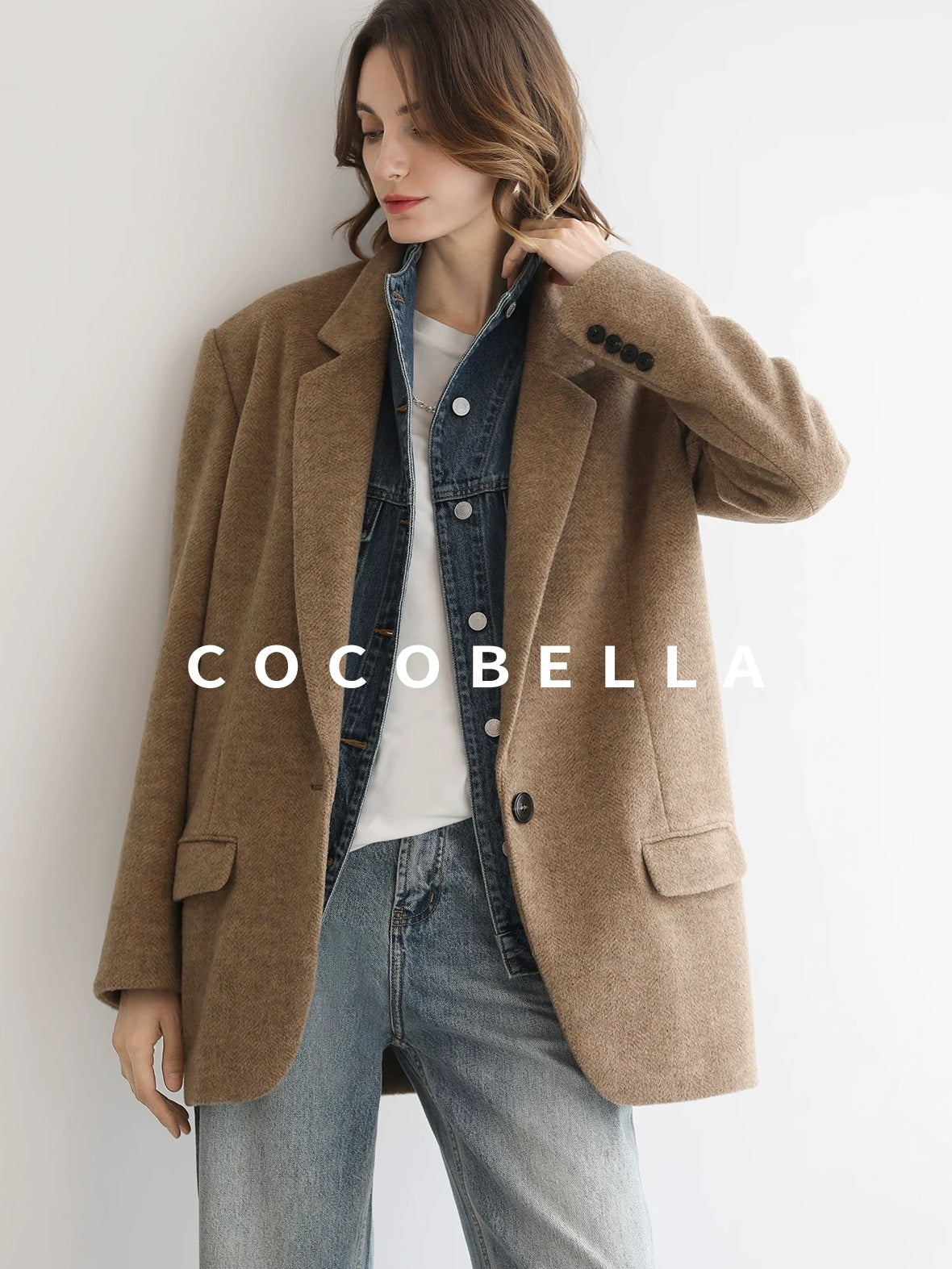 COCOBELLA Warm Wool Blend Loose Fit Single Button Flap Pocket Office Regular Blazers