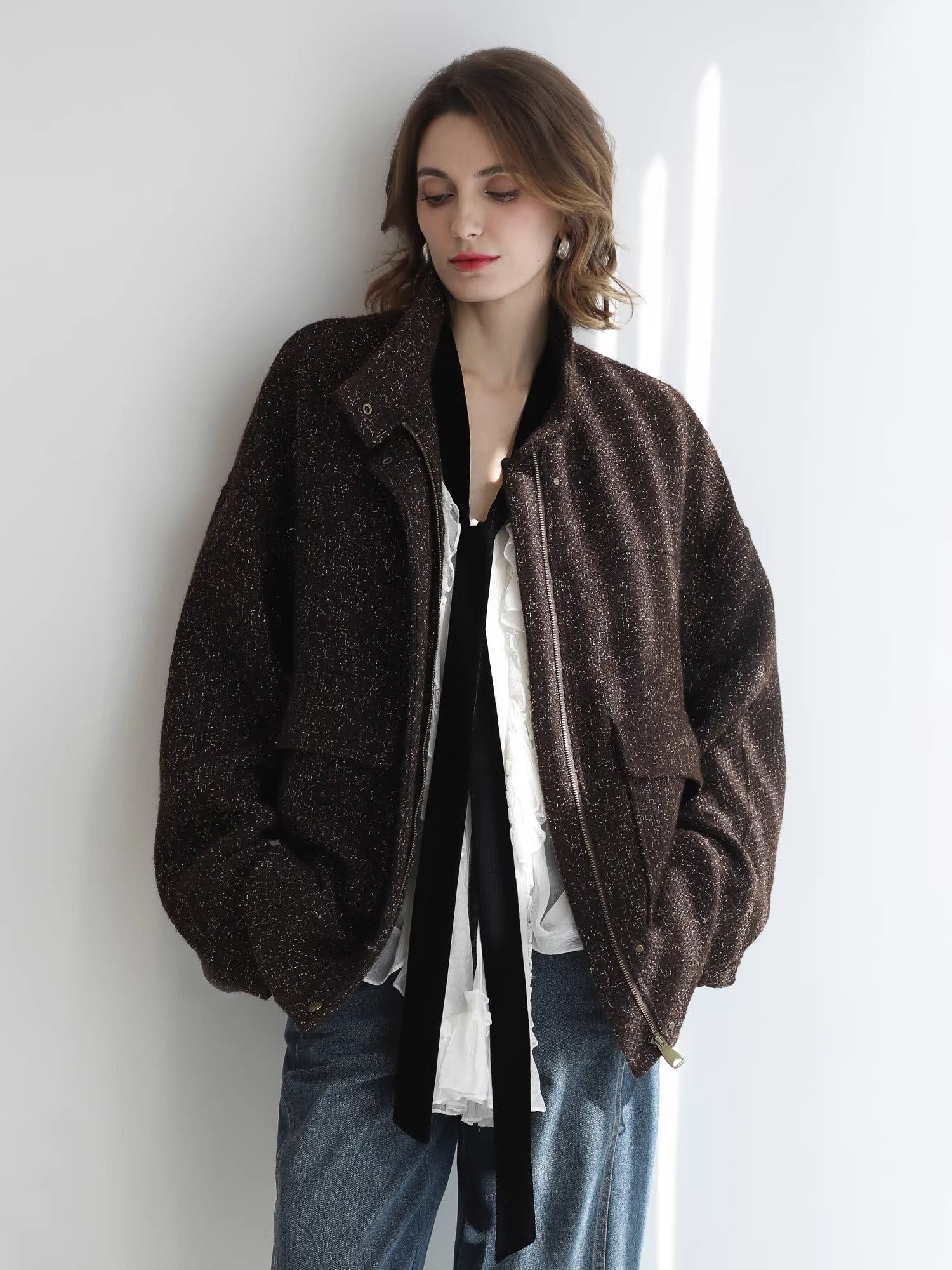 COCOBELLA_Warm_Wool_Blend_Lurex_Zipper_Pockets_Street_Straight_Mid_Length_Women_Jackets_MISSTT