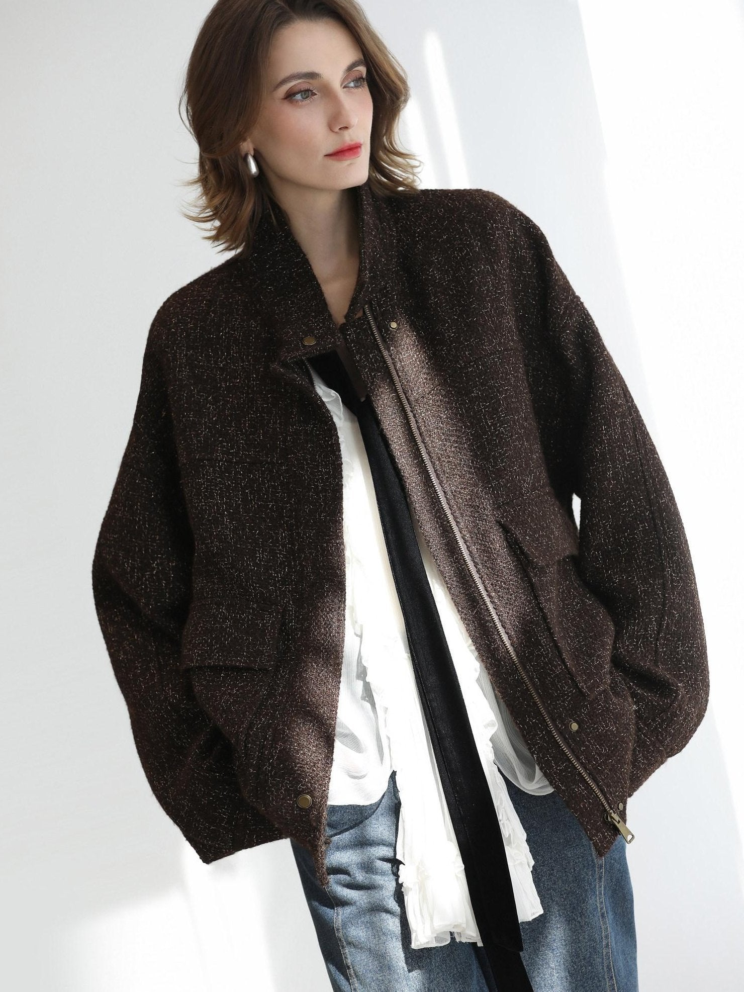 COCOBELLA Warm Wool Blend Lurex Zipper Pockets Street Straight Mid Length Women Jackets