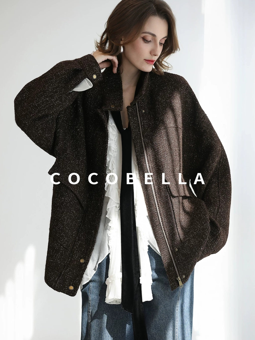 COCOBELLA Warm Wool Blend Lurex Zipper Pockets Street Straight Mid Length Women Jackets