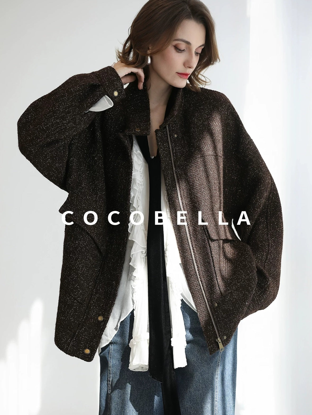 COCOBELLA Warm Wool Blend Lurex Zipper Pockets Street Straight Mid Length Women Jackets