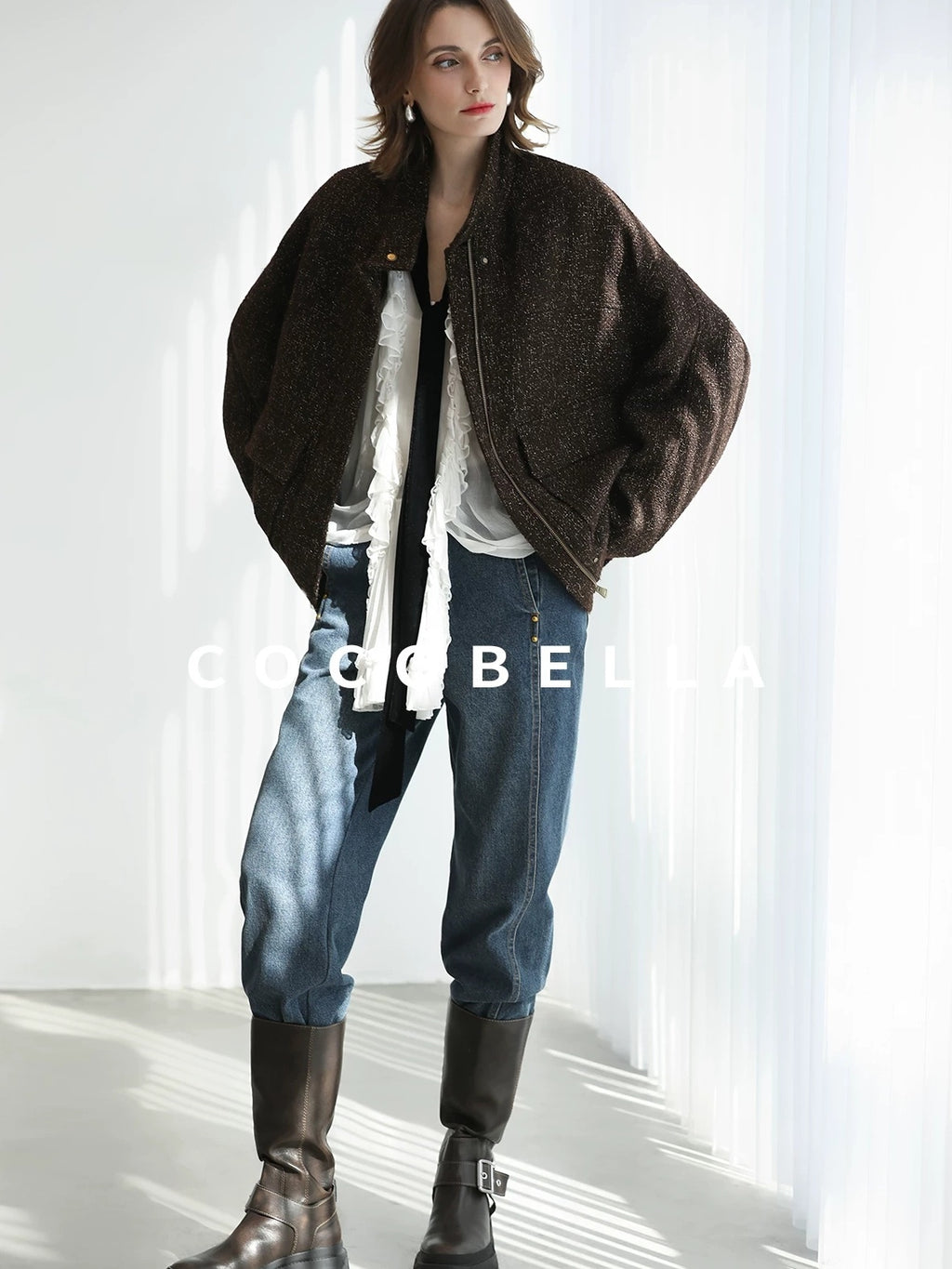 COCOBELLA Warm Wool Blend Lurex Zipper Pockets Street Straight Mid Length Women Jackets