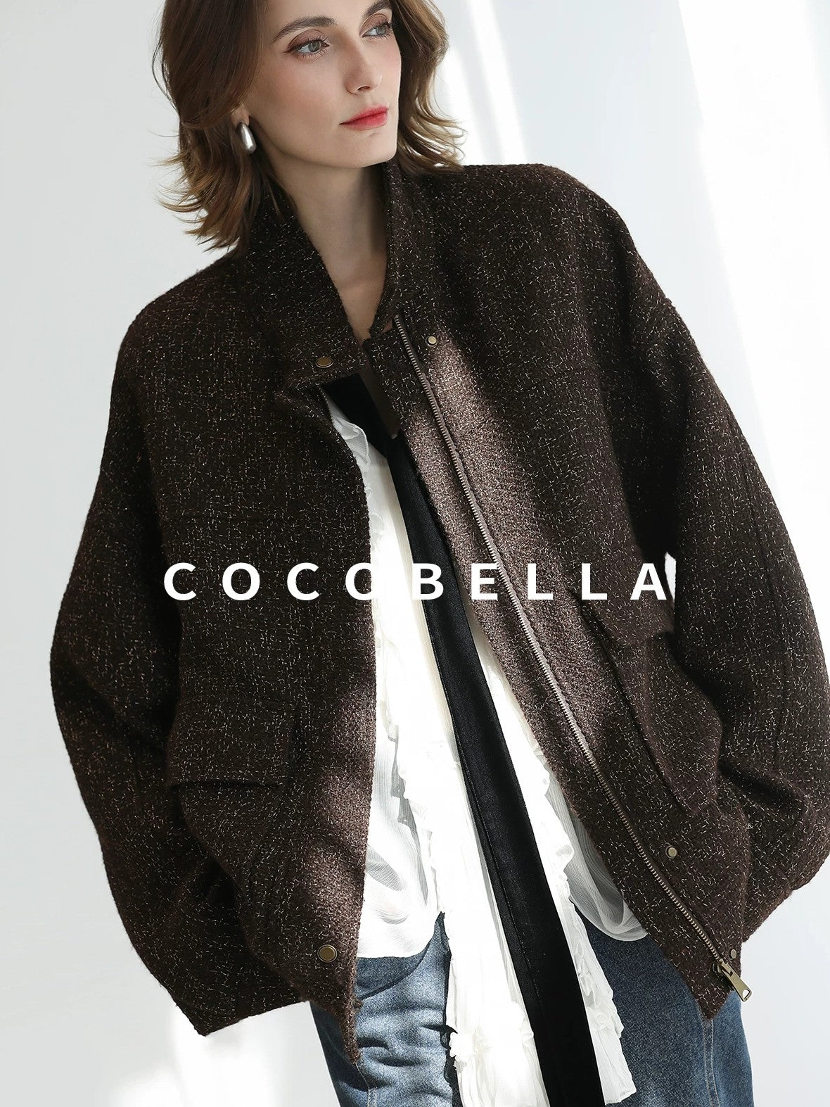 COCOBELLA Warm Wool Blend Lurex Zipper Pockets Street Straight Mid Length Women Jackets