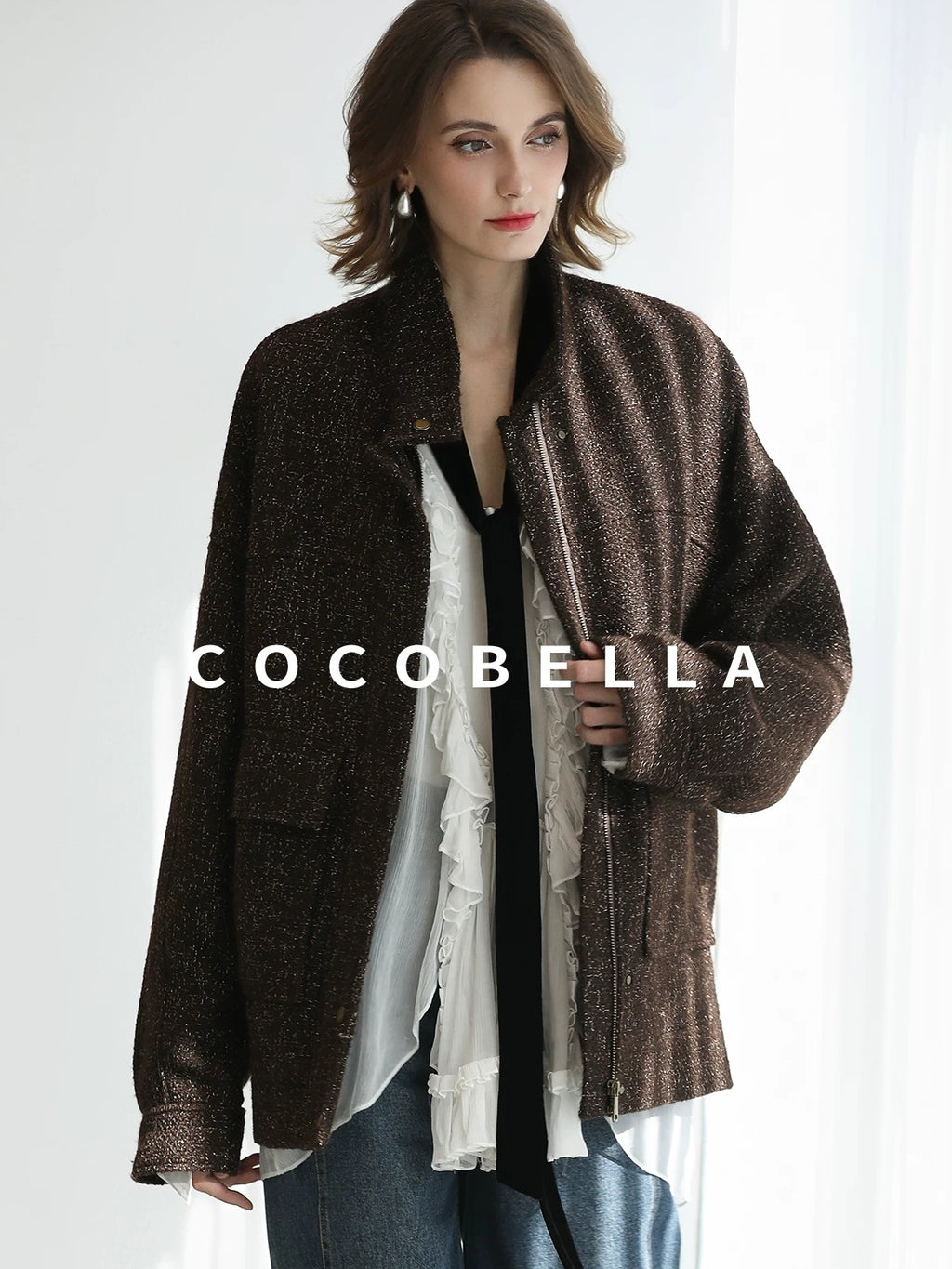 COCOBELLA Warm Wool Blend Lurex Zipper Pockets Street Straight Mid Length Women Jackets