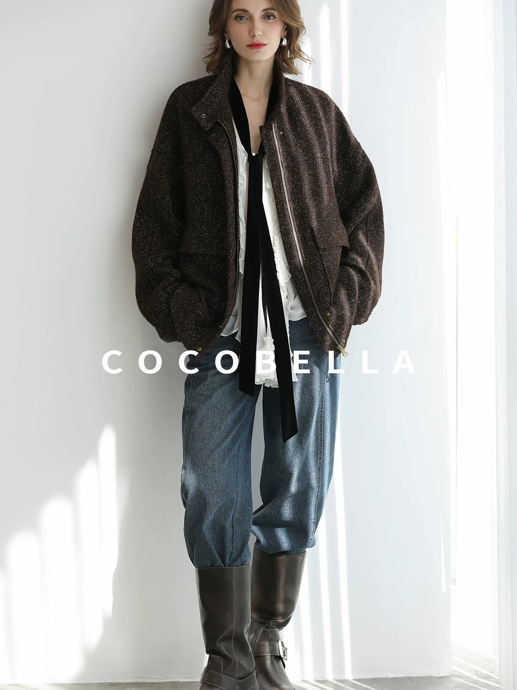 COCOBELLA Warm Wool Blend Lurex Zipper Pockets Street Straight Mid Length Women Jackets