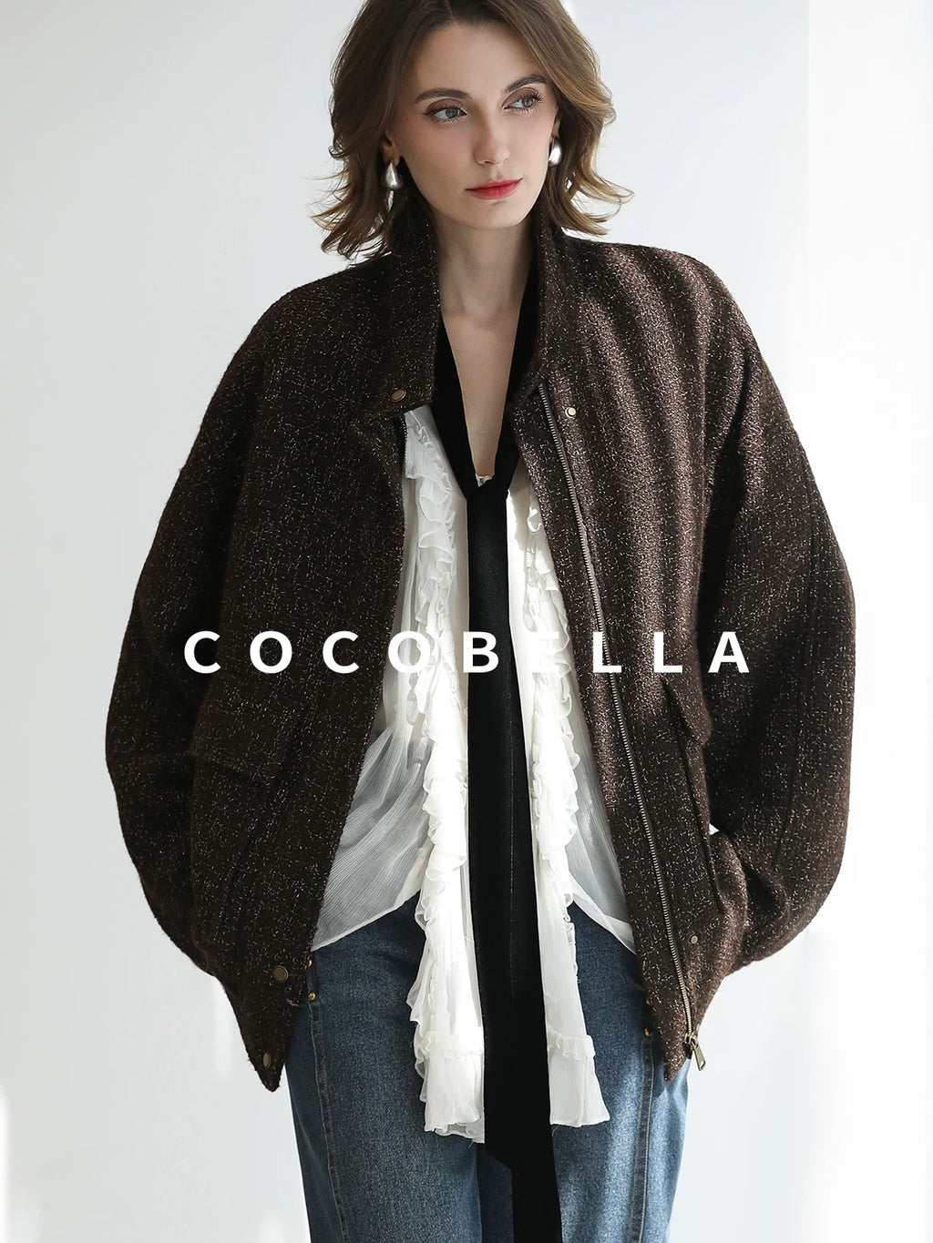 COCOBELLA Warm Wool Blend Lurex Zipper Pockets Street Straight Mid Length Women Jackets