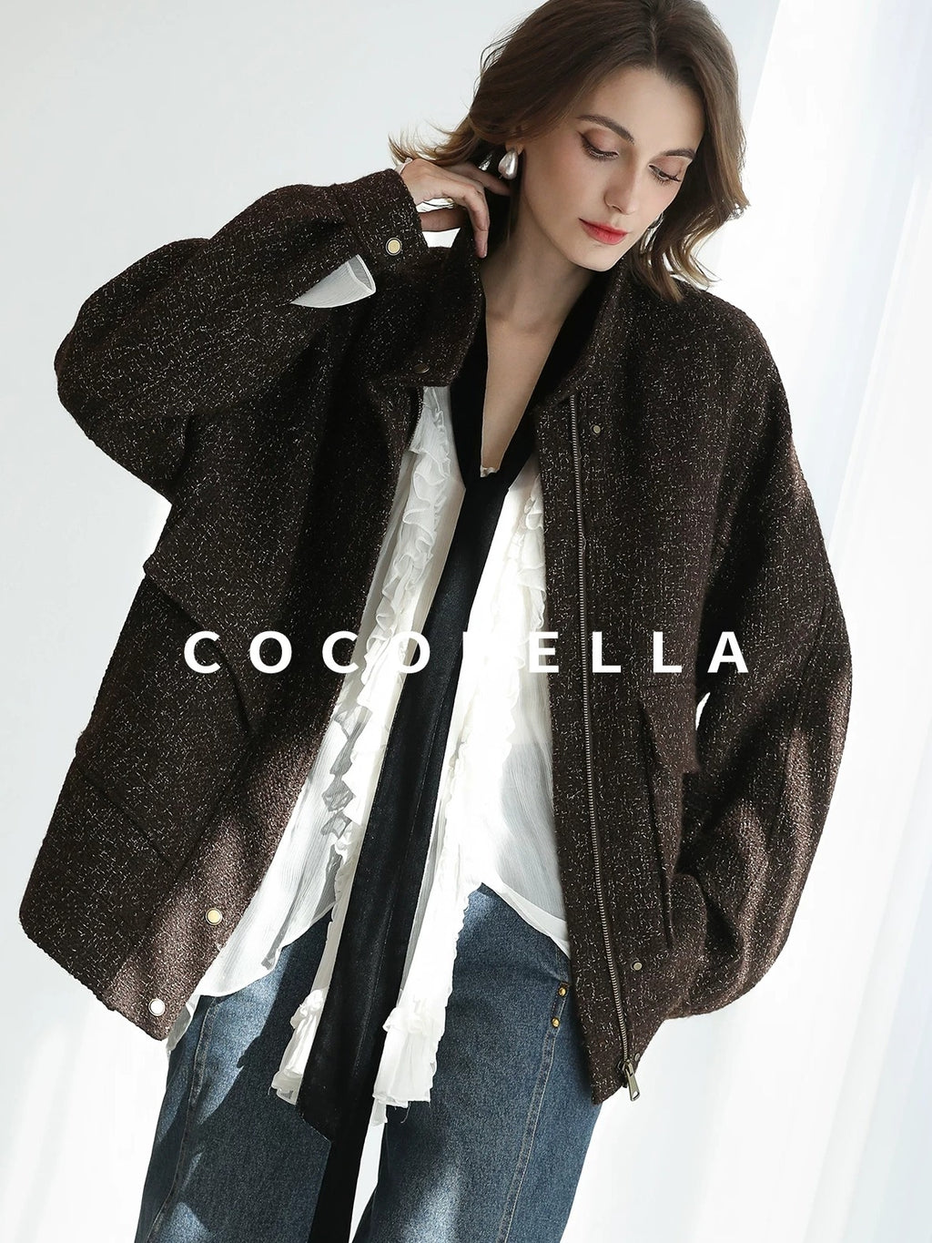 COCOBELLA Warm Wool Blend Lurex Zipper Pockets Street Straight Mid Length Women Jackets
