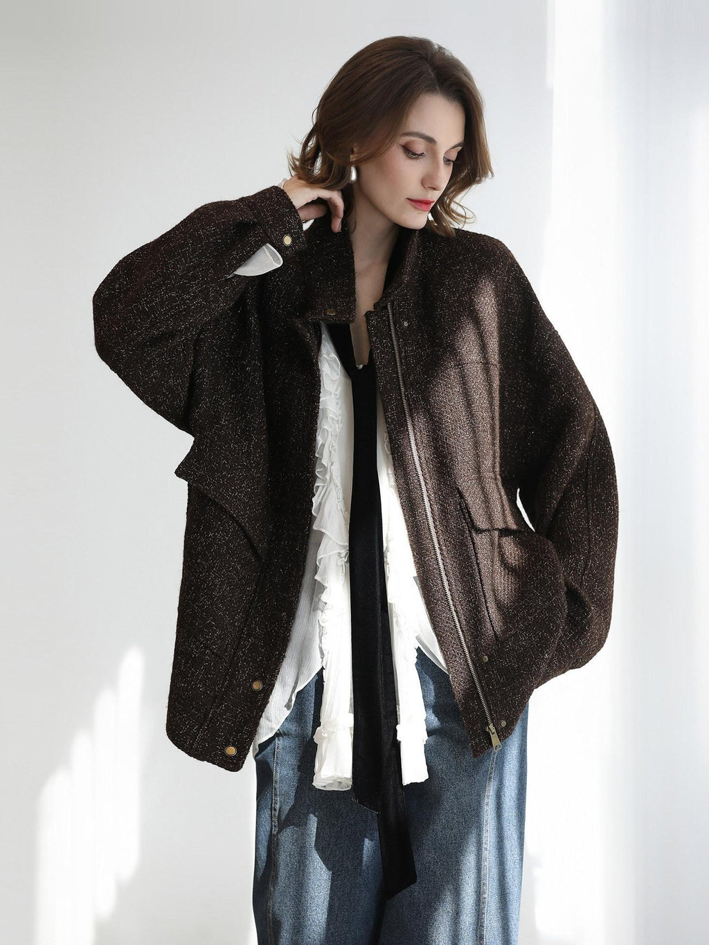 COCOBELLA Warm Wool Blend Lurex Zipper Pockets Street Straight Mid Length Women Jackets