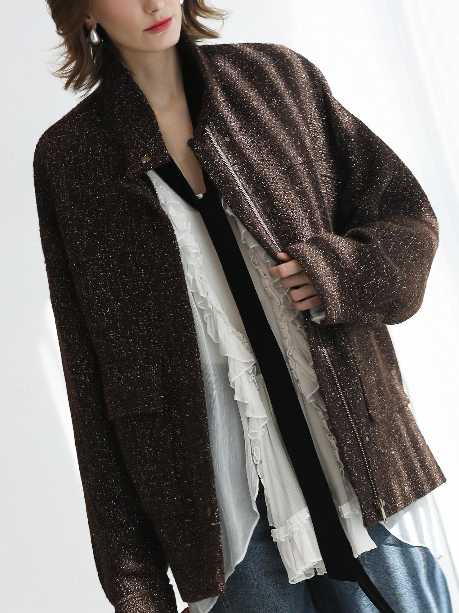 COCOBELLA Warm Wool Blend Lurex Zipper Pockets Street Straight Mid Length Women Jackets