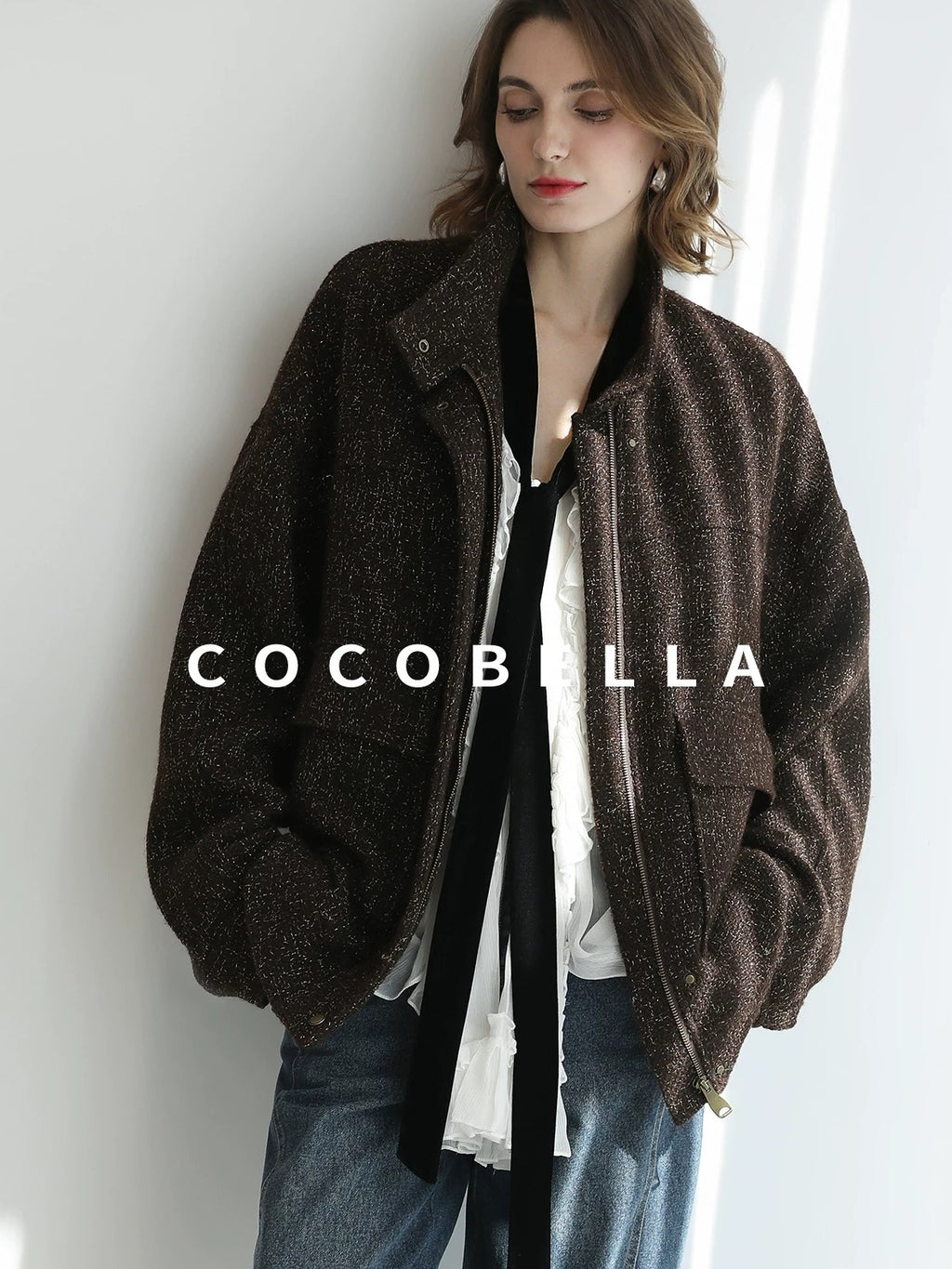 COCOBELLA Warm Wool Blend Lurex Zipper Pockets Street Straight Mid Length Women Jackets