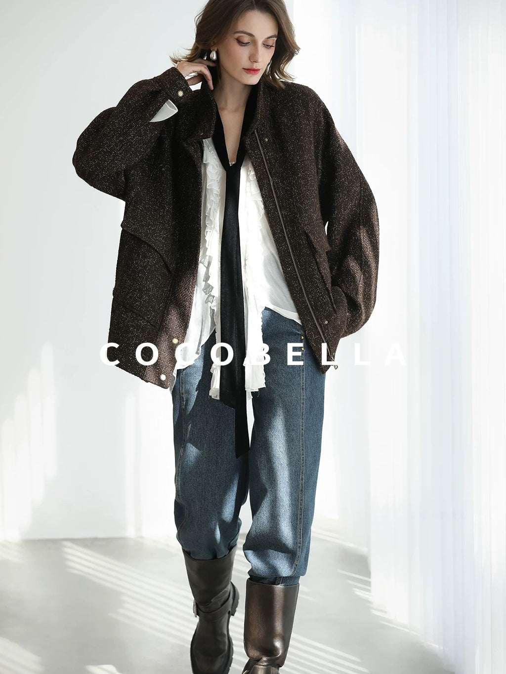 COCOBELLA Warm Wool Blend Lurex Zipper Pockets Street Straight Mid Length Women Jackets