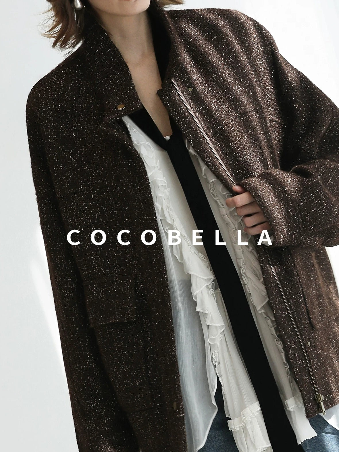 COCOBELLA Warm Wool Blend Lurex Zipper Pockets Street Straight Mid Length Women Jackets
