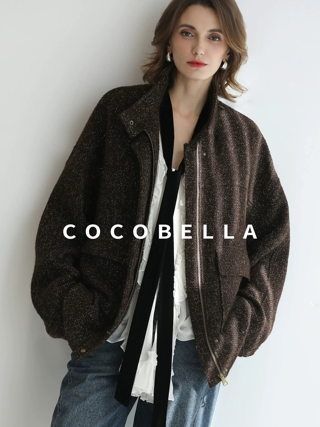 COCOBELLA Warm Wool Blend Lurex Zipper Pockets Street Straight Mid Length Women Jackets