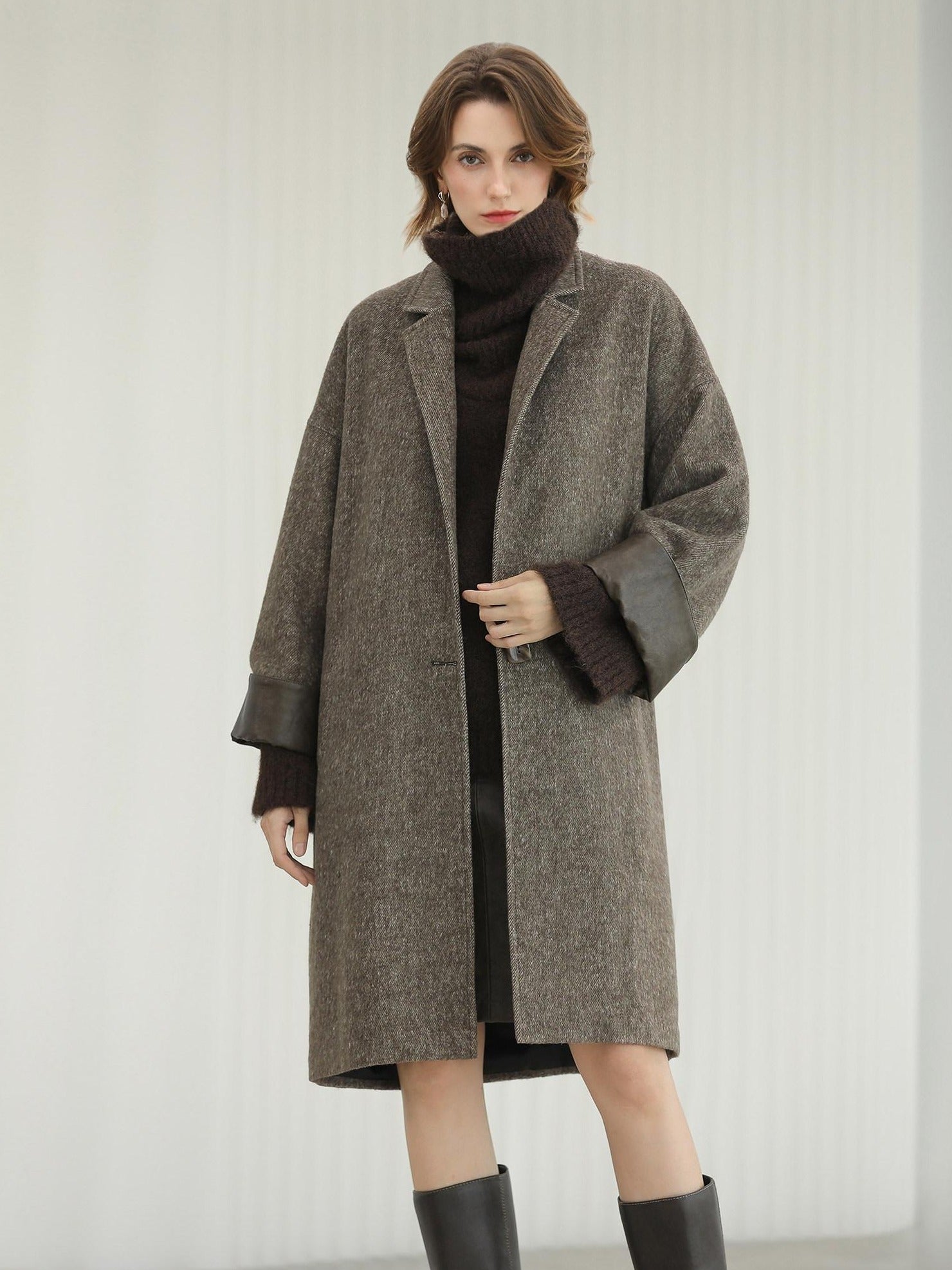 COCOBELLA Warm Wool Blend Mid Length Straight Notched Lapel Women Office Overcoat Coats