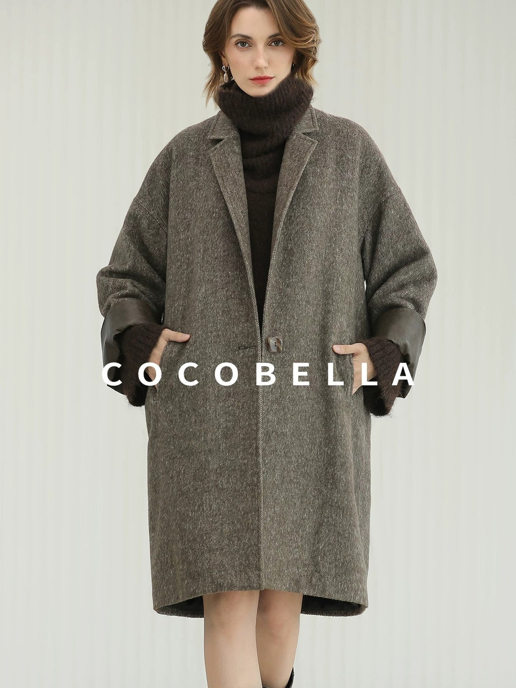 COCOBELLA Warm Wool Blend Mid Length Straight Notched Lapel Women Office Overcoat Coats