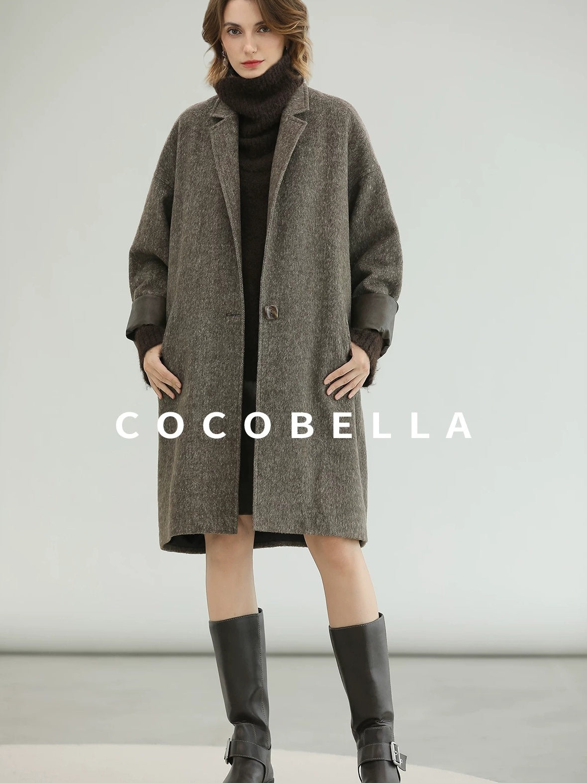 COCOBELLA Warm Wool Blend Mid Length Straight Notched Lapel Women Office Overcoat Coats
