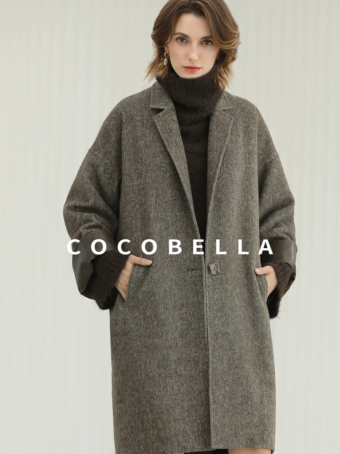 COCOBELLA Warm Wool Blend Mid Length Straight Notched Lapel Women Office Overcoat Coats