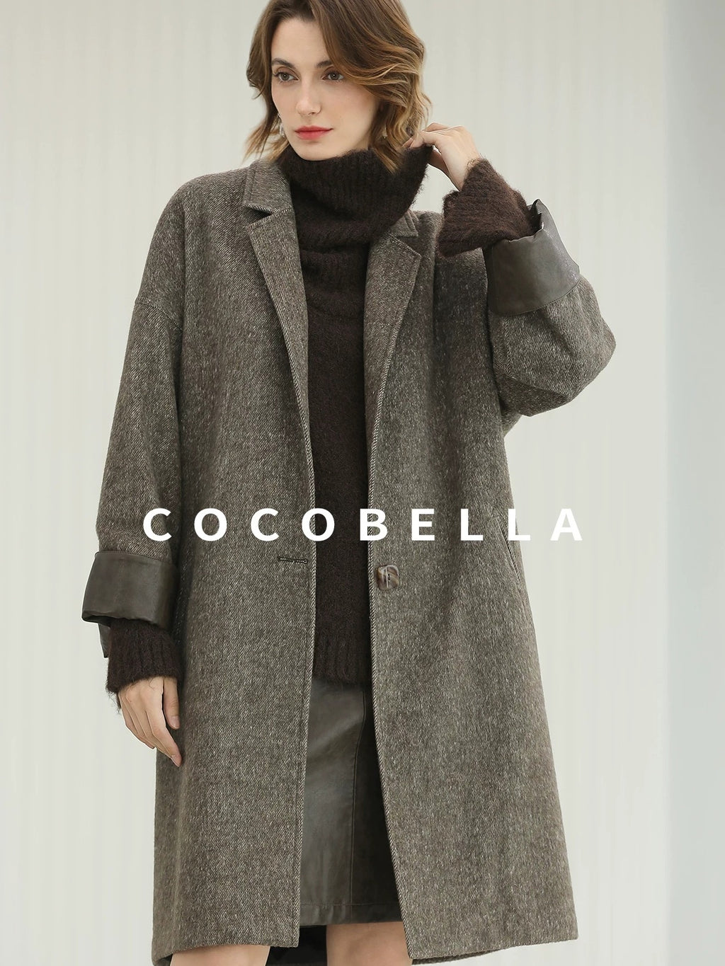 COCOBELLA Warm Wool Blend Mid Length Straight Notched Lapel Women Office Overcoat Coats