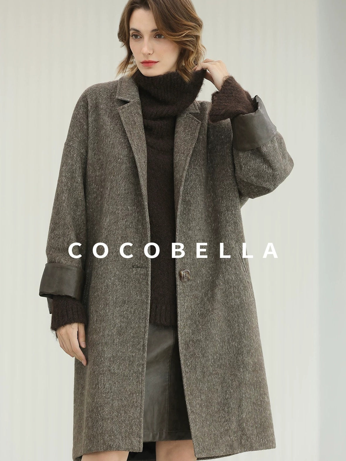 COCOBELLA Warm Wool Blend Mid Length Straight Notched Lapel Women Office Overcoat Coats