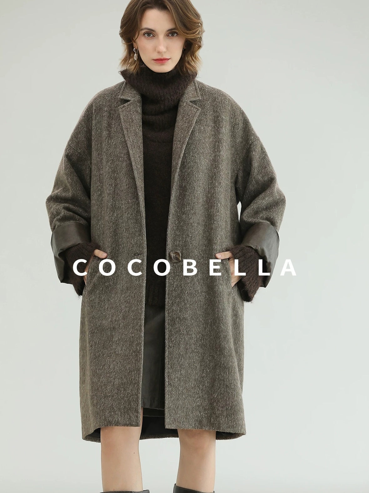COCOBELLA Warm Wool Blend Mid Length Straight Notched Lapel Women Office Overcoat Coats