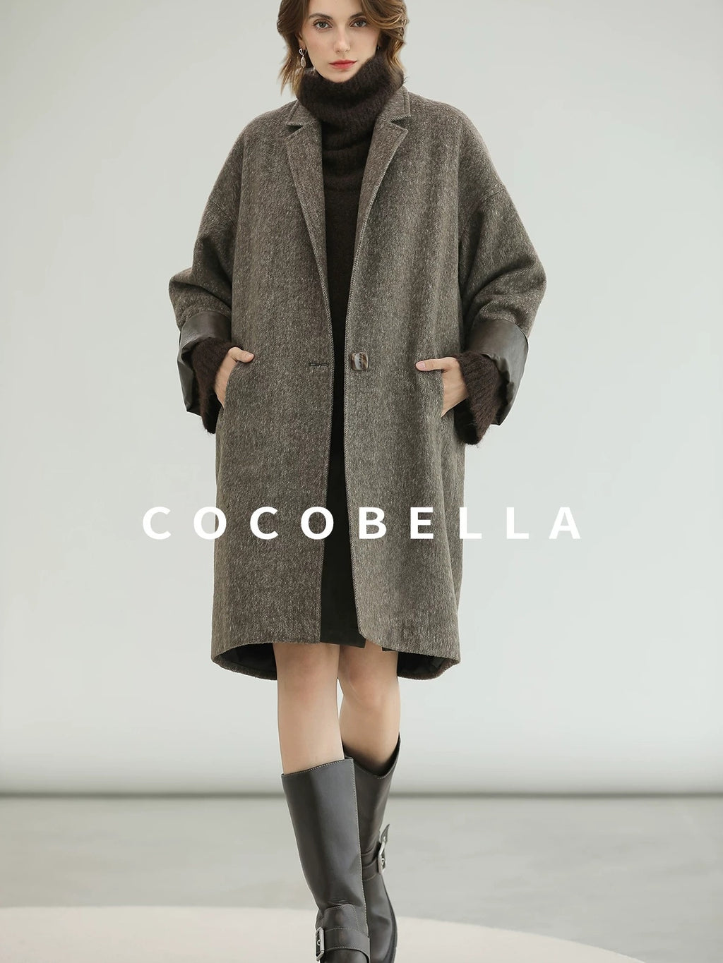COCOBELLA Warm Wool Blend Mid Length Straight Notched Lapel Women Office Overcoat Coats