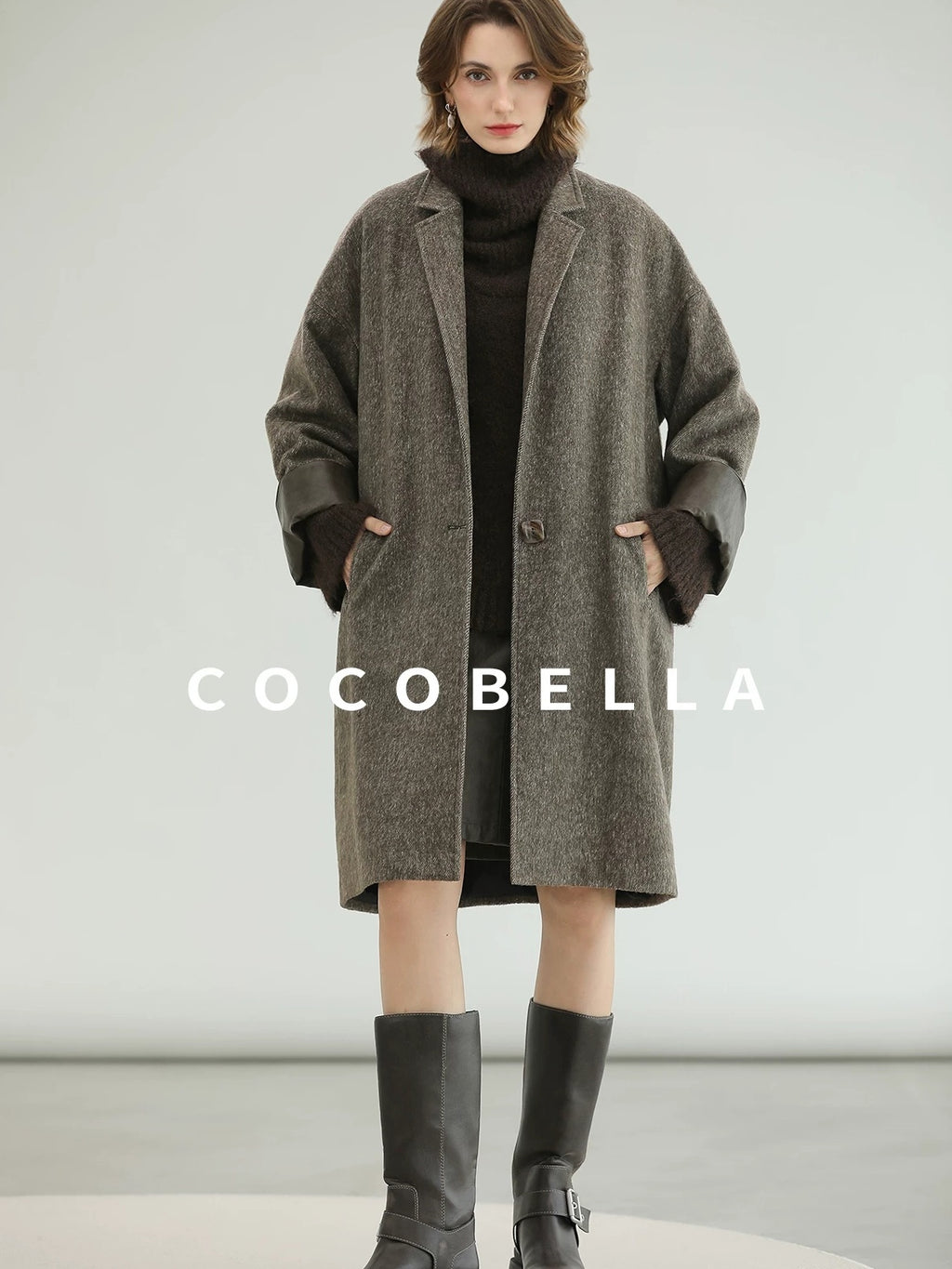 COCOBELLA Warm Wool Blend Mid Length Straight Notched Lapel Women Office Overcoat Coats