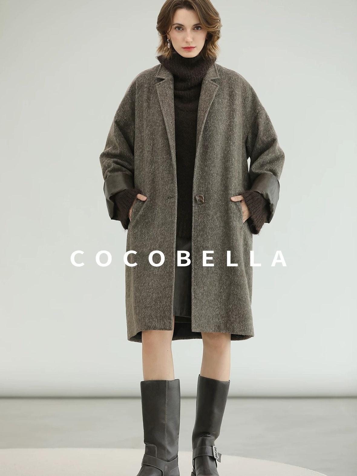 COCOBELLA Warm Wool Blend Mid Length Straight Notched Lapel Women Office Overcoat Coats