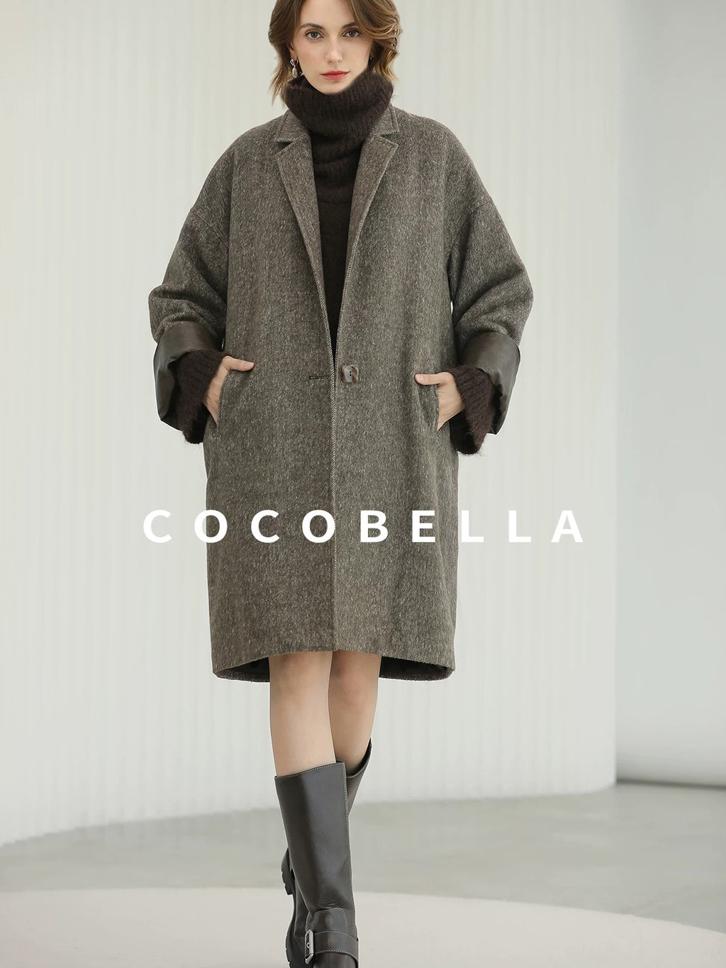 COCOBELLA Warm Wool Blend Mid Length Straight Notched Lapel Women Office Overcoat Coats