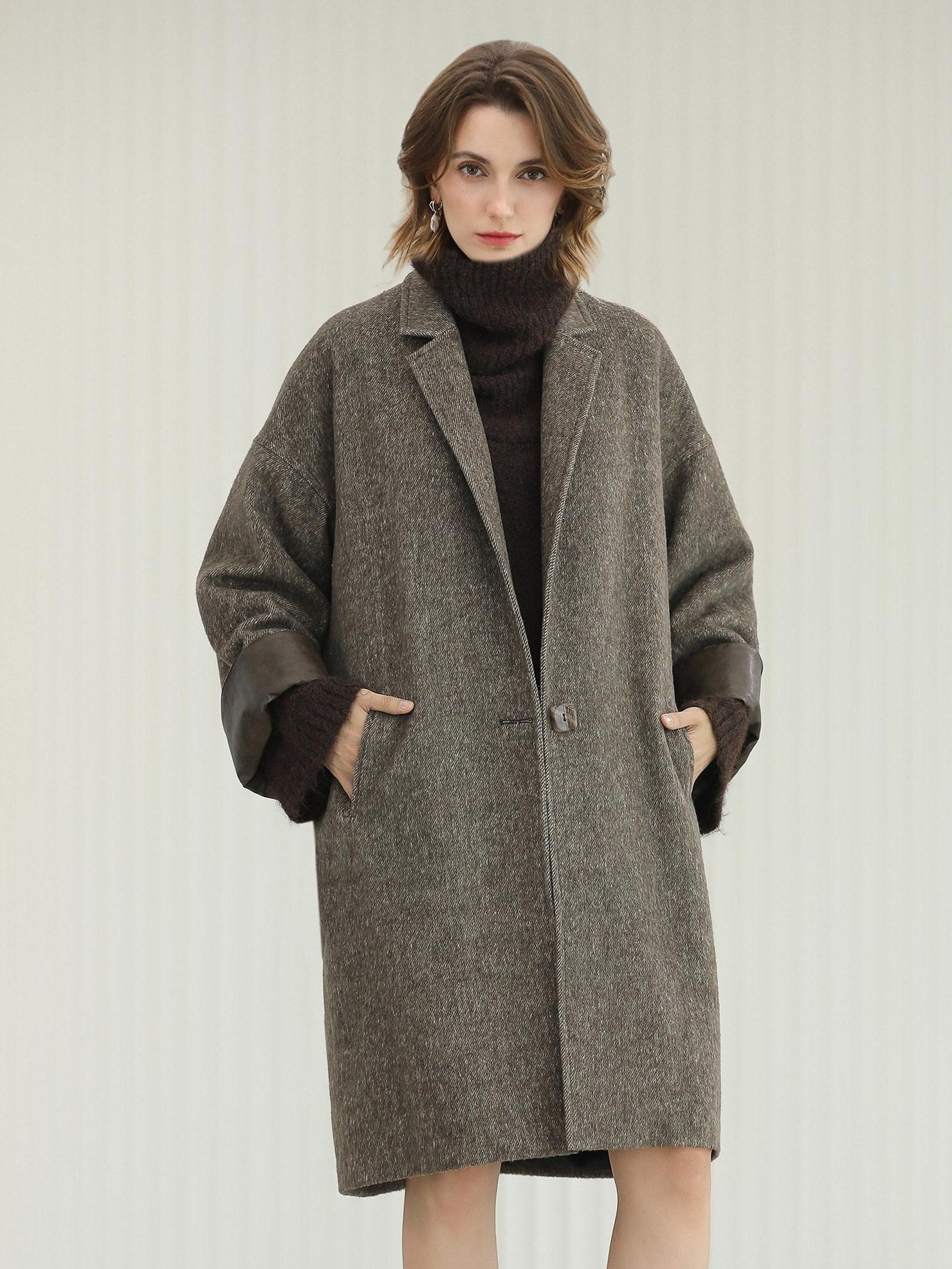 COCOBELLA Warm Wool Blend Mid Length Straight Notched Lapel Women Office Overcoat Coats