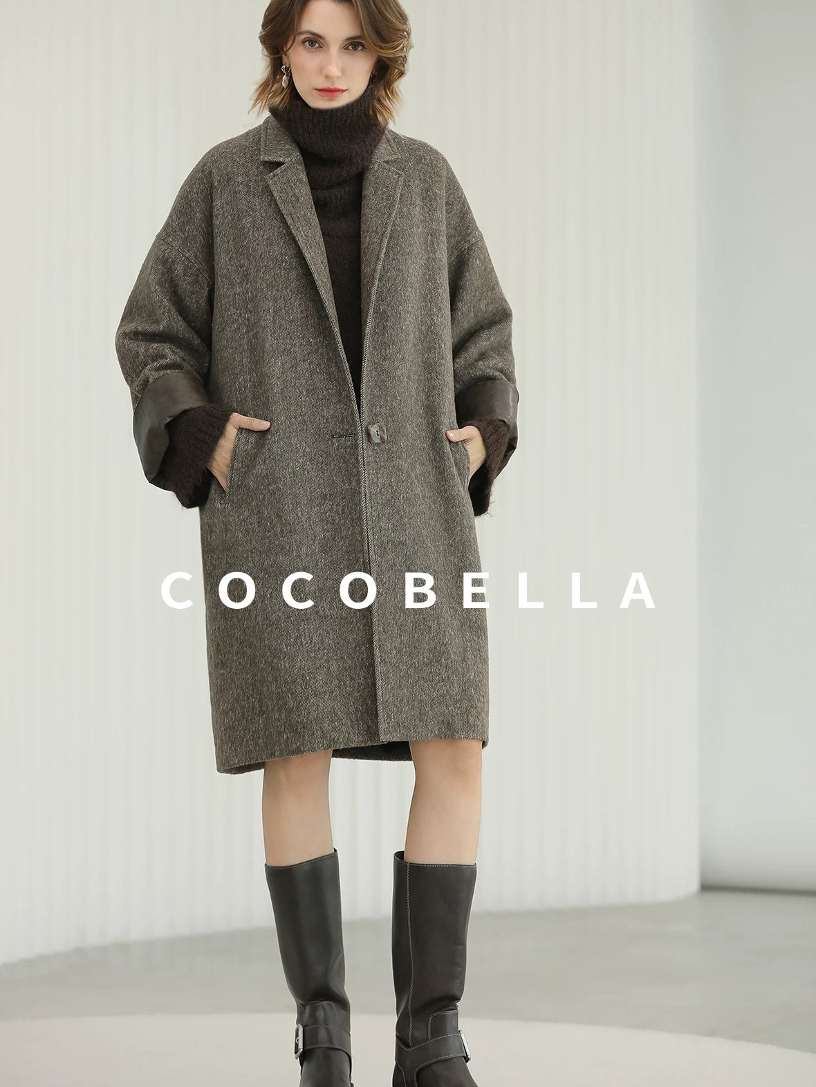 COCOBELLA Warm Wool Blend Mid Length Straight Notched Lapel Women Office Overcoat Coats