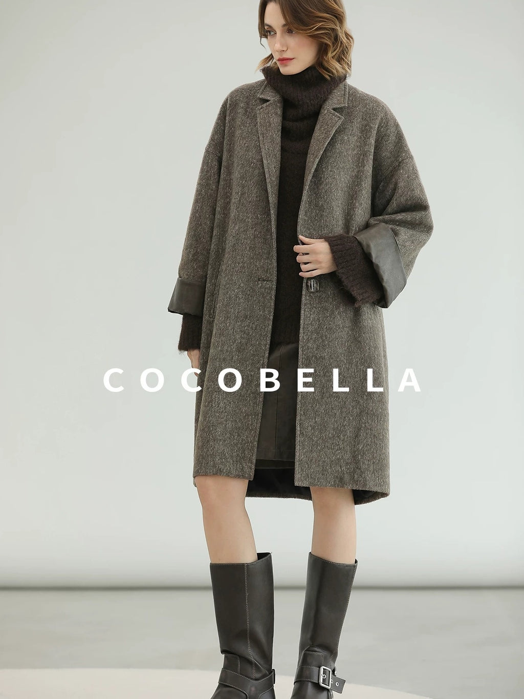 COCOBELLA Warm Wool Blend Mid Length Straight Notched Lapel Women Office Overcoat Coats