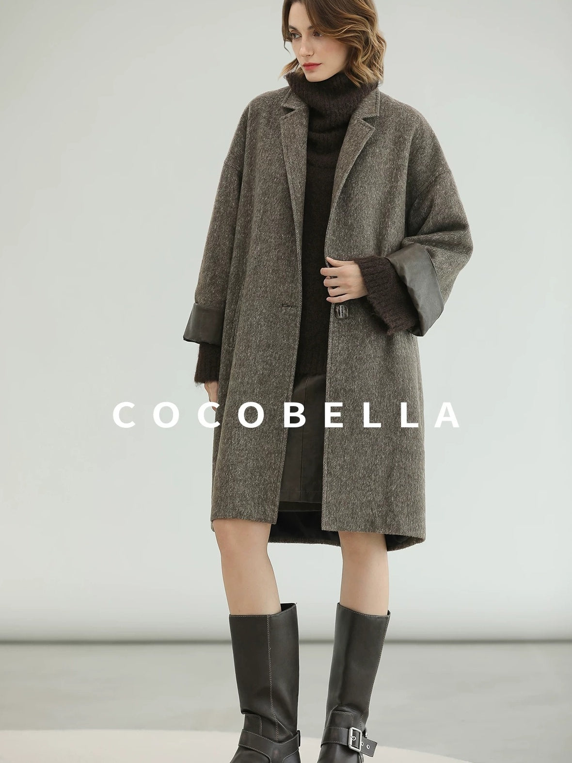 COCOBELLA Warm Wool Blend Mid Length Straight Notched Lapel Women Office Overcoat Coats