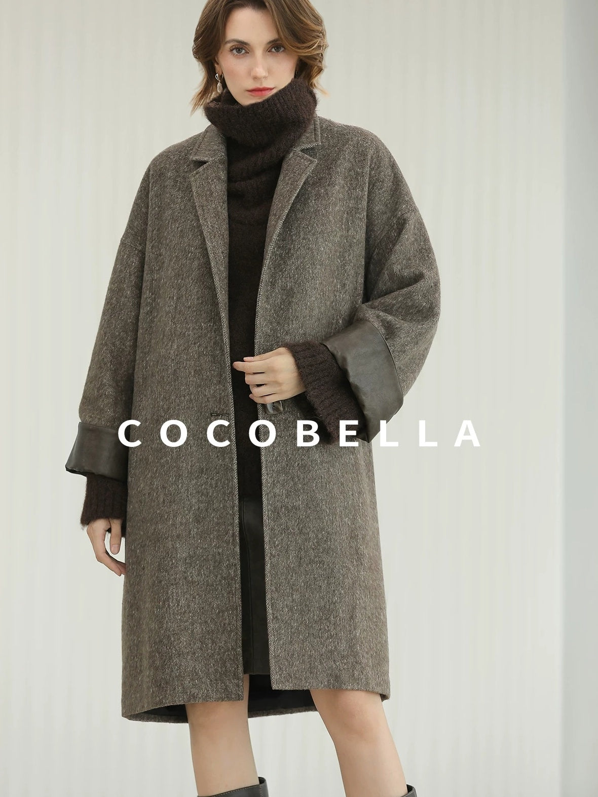 COCOBELLA Warm Wool Blend Mid Length Straight Notched Lapel Women Office Overcoat Coats