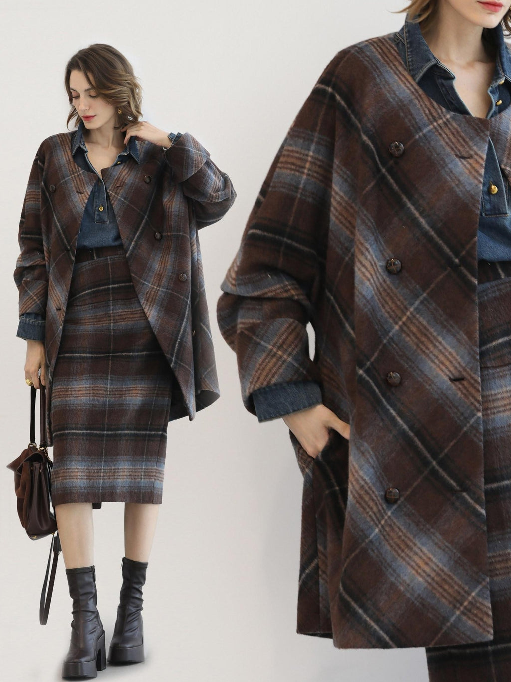 COCOBELLA Warm Wool Blend Midlength Loose Retro Double Breasted Plaid Fringe Button Coats