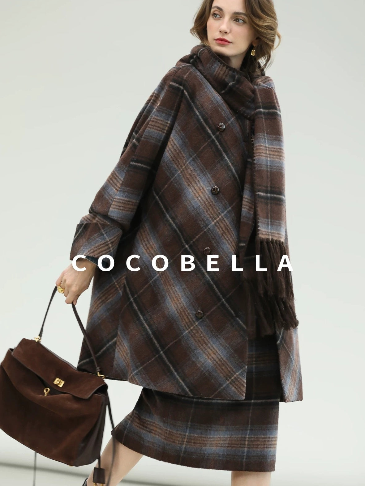 COCOBELLA Warm Wool Blend Midlength Loose Retro Double Breasted Plaid Fringe Button Coats