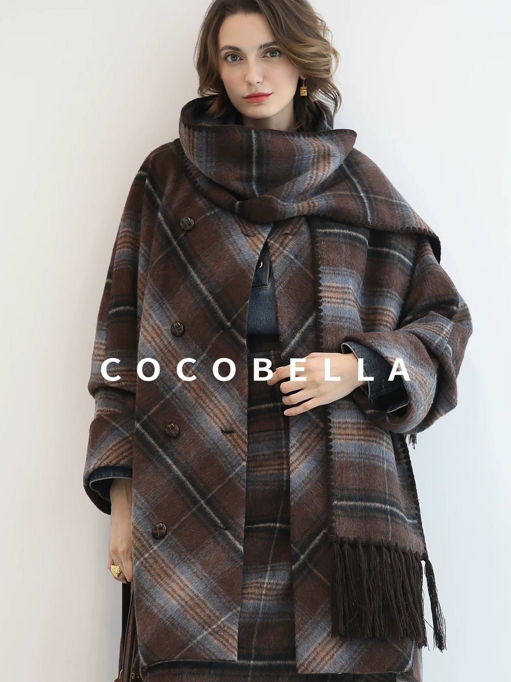 COCOBELLA Warm Wool Blend Midlength Loose Retro Double Breasted Plaid Fringe Button Coats