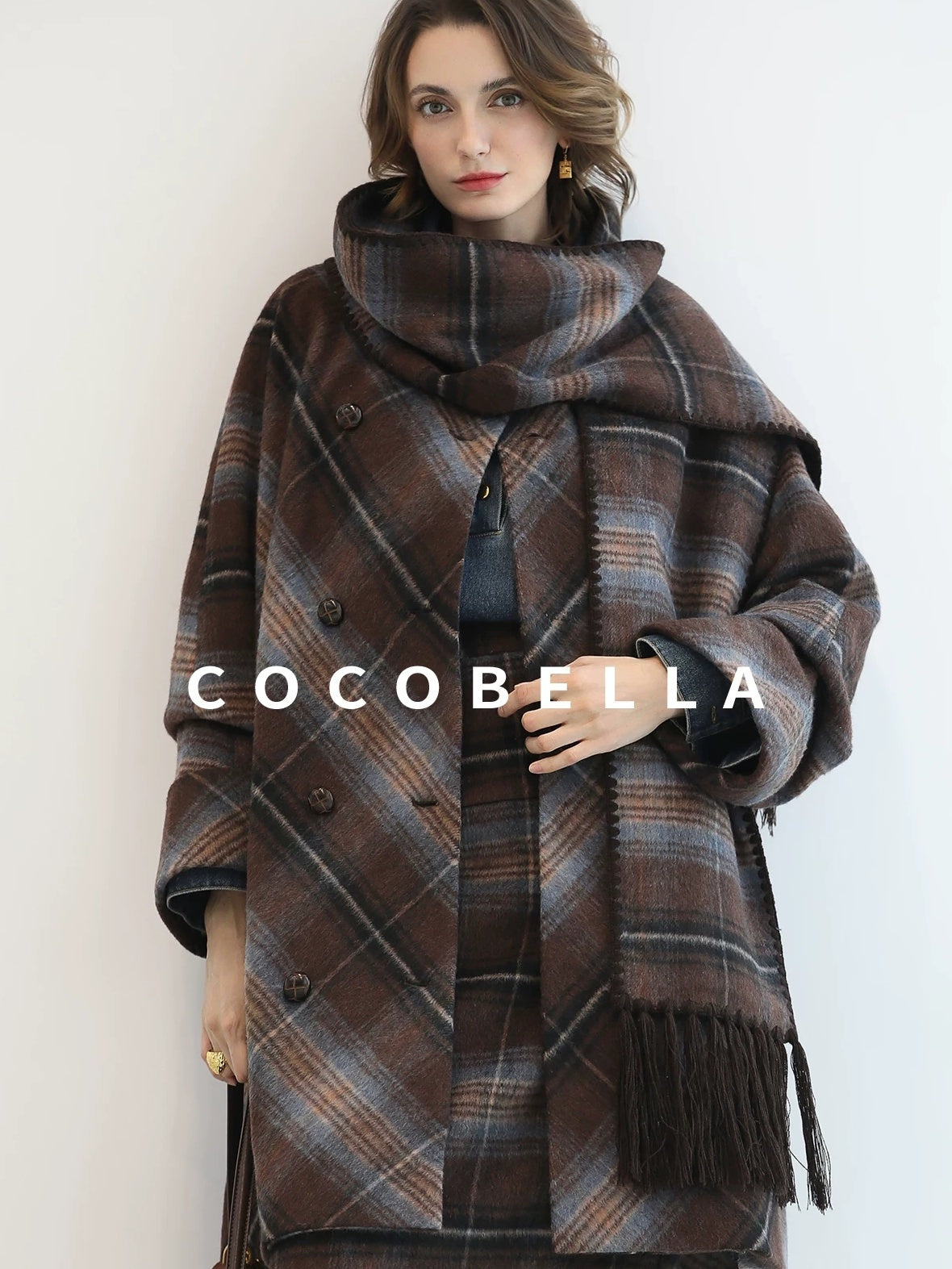 COCOBELLA Warm Wool Blend Midlength Loose Retro Double Breasted Plaid Fringe Button Coats