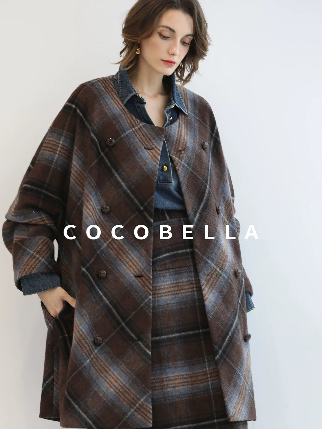 COCOBELLA Warm Wool Blend Midlength Loose Retro Double Breasted Plaid Fringe Button Coats