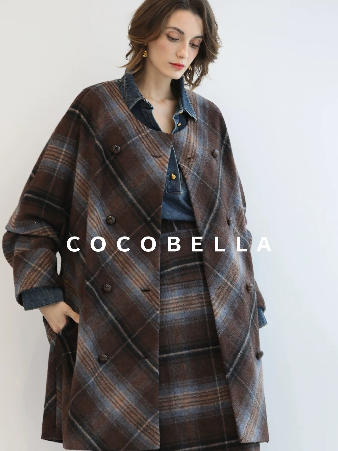 COCOBELLA Warm Wool Blend Midlength Loose Retro Double Breasted Plaid Fringe Button Coats