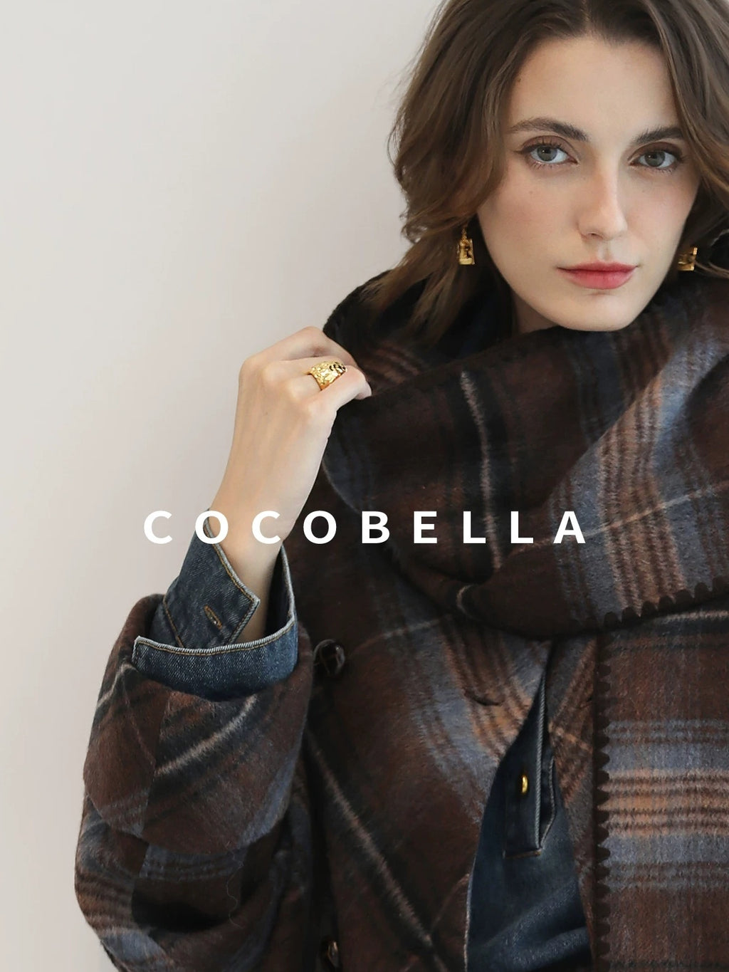 COCOBELLA Warm Wool Blend Midlength Loose Retro Double Breasted Plaid Fringe Button Coats