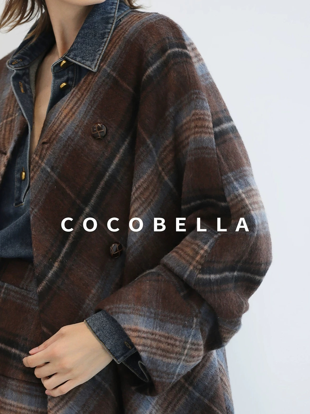 COCOBELLA Warm Wool Blend Midlength Loose Retro Double Breasted Plaid Fringe Button Coats