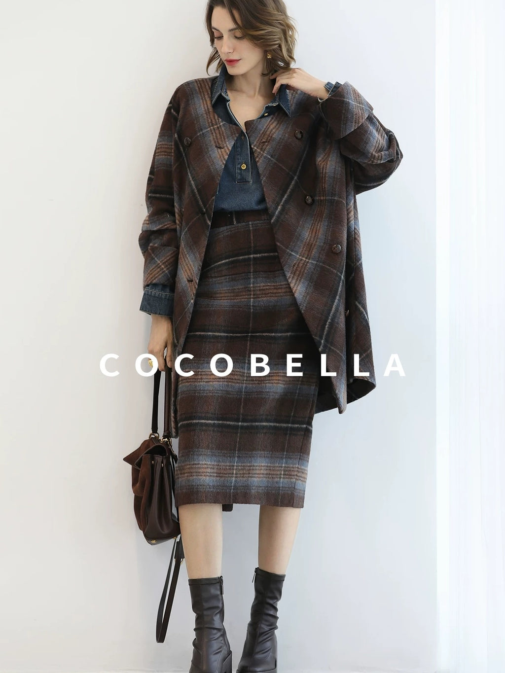COCOBELLA Warm Wool Blend Midlength Loose Retro Double Breasted Plaid Fringe Button Coats