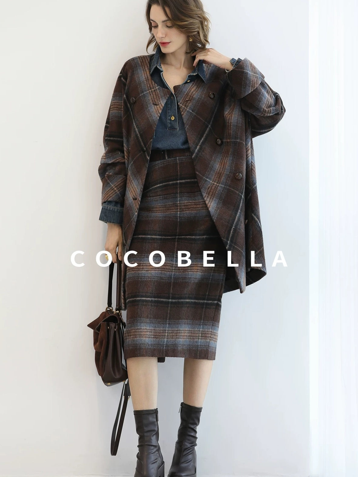 COCOBELLA Warm Wool Blend Midlength Loose Retro Double Breasted Plaid Fringe Button Coats