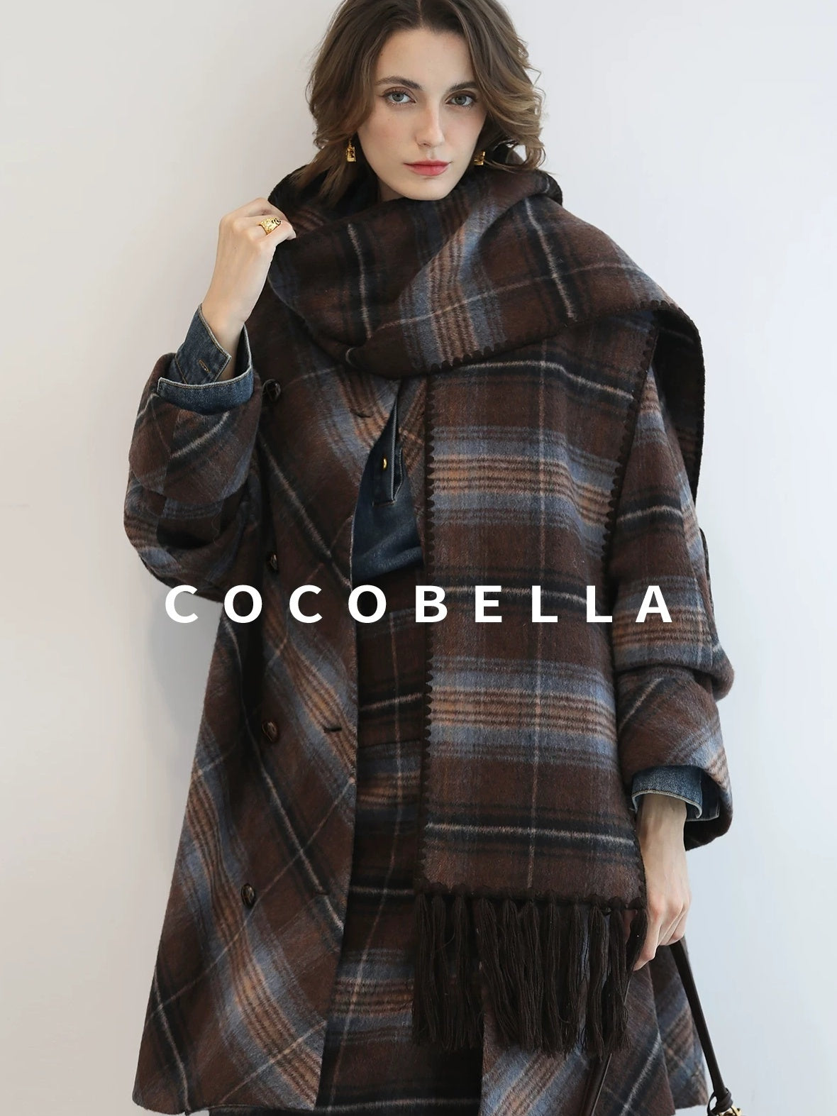 COCOBELLA Warm Wool Blend Midlength Loose Retro Double Breasted Plaid Fringe Button Coats