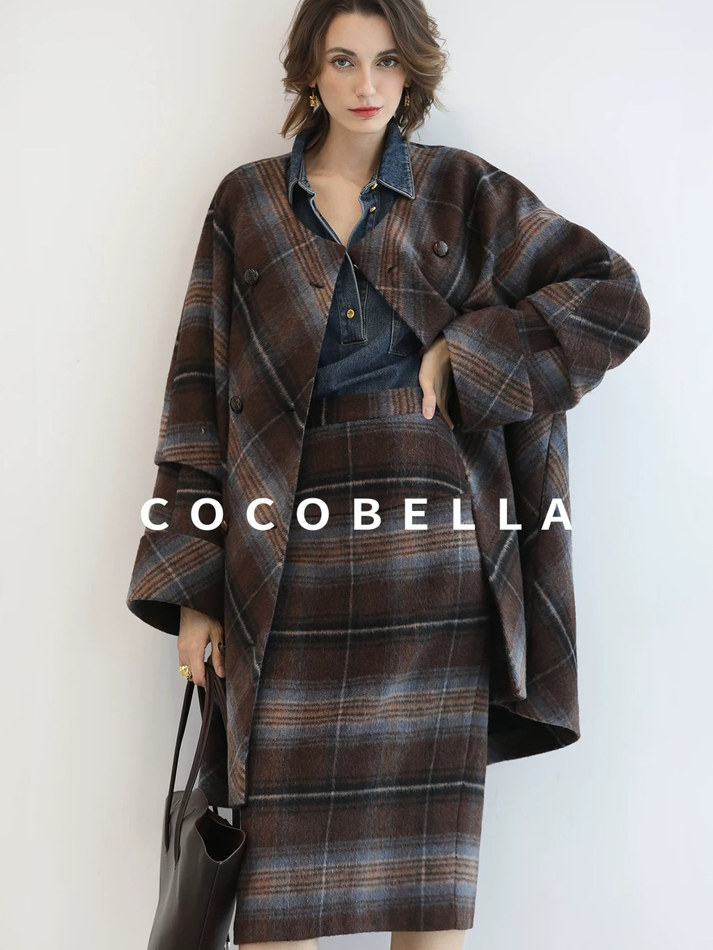 COCOBELLA Warm Wool Blend Midlength Loose Retro Double Breasted Plaid Fringe Button Coats