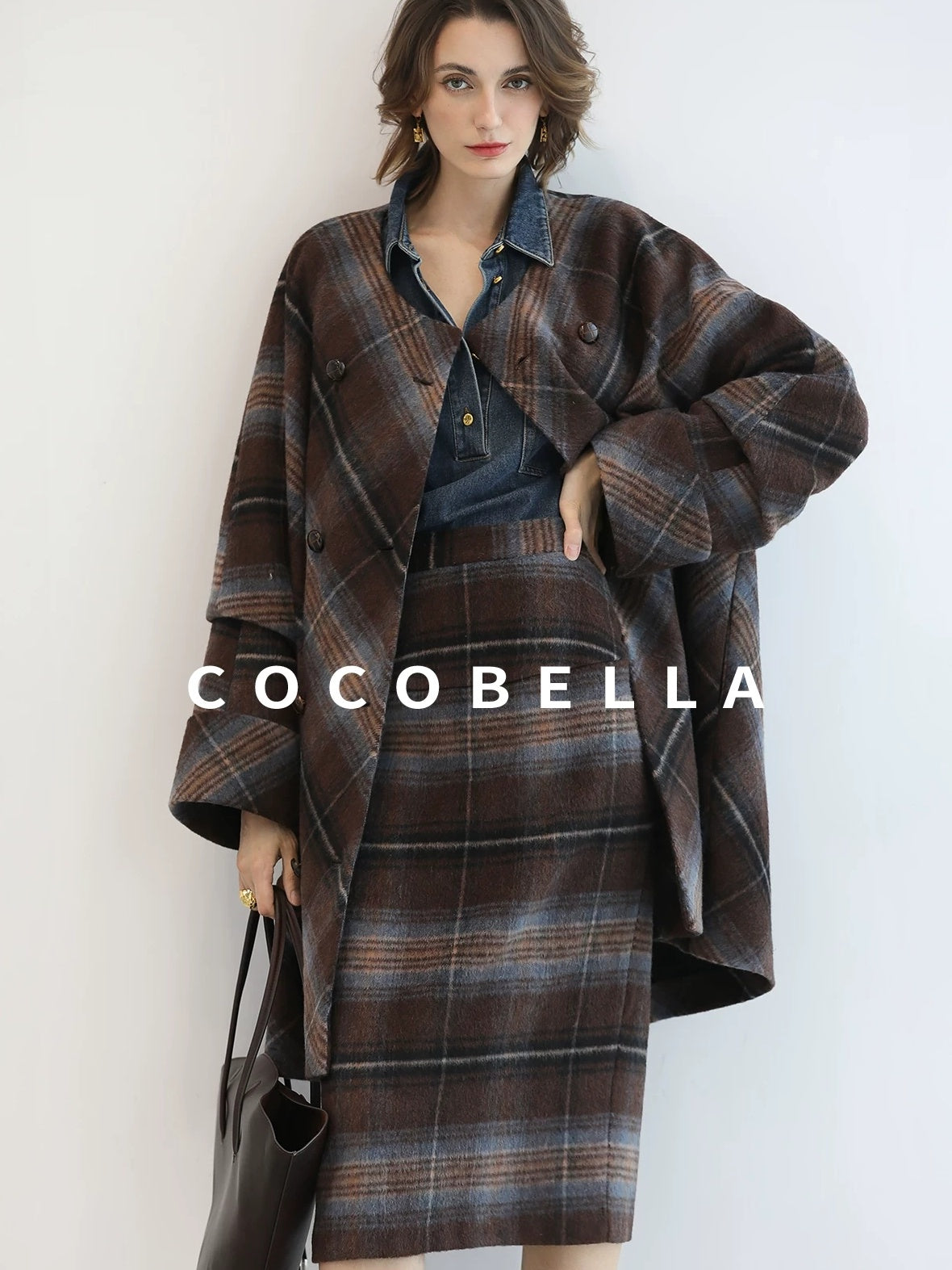 COCOBELLA Warm Wool Blend Midlength Loose Retro Double Breasted Plaid Fringe Button Coats