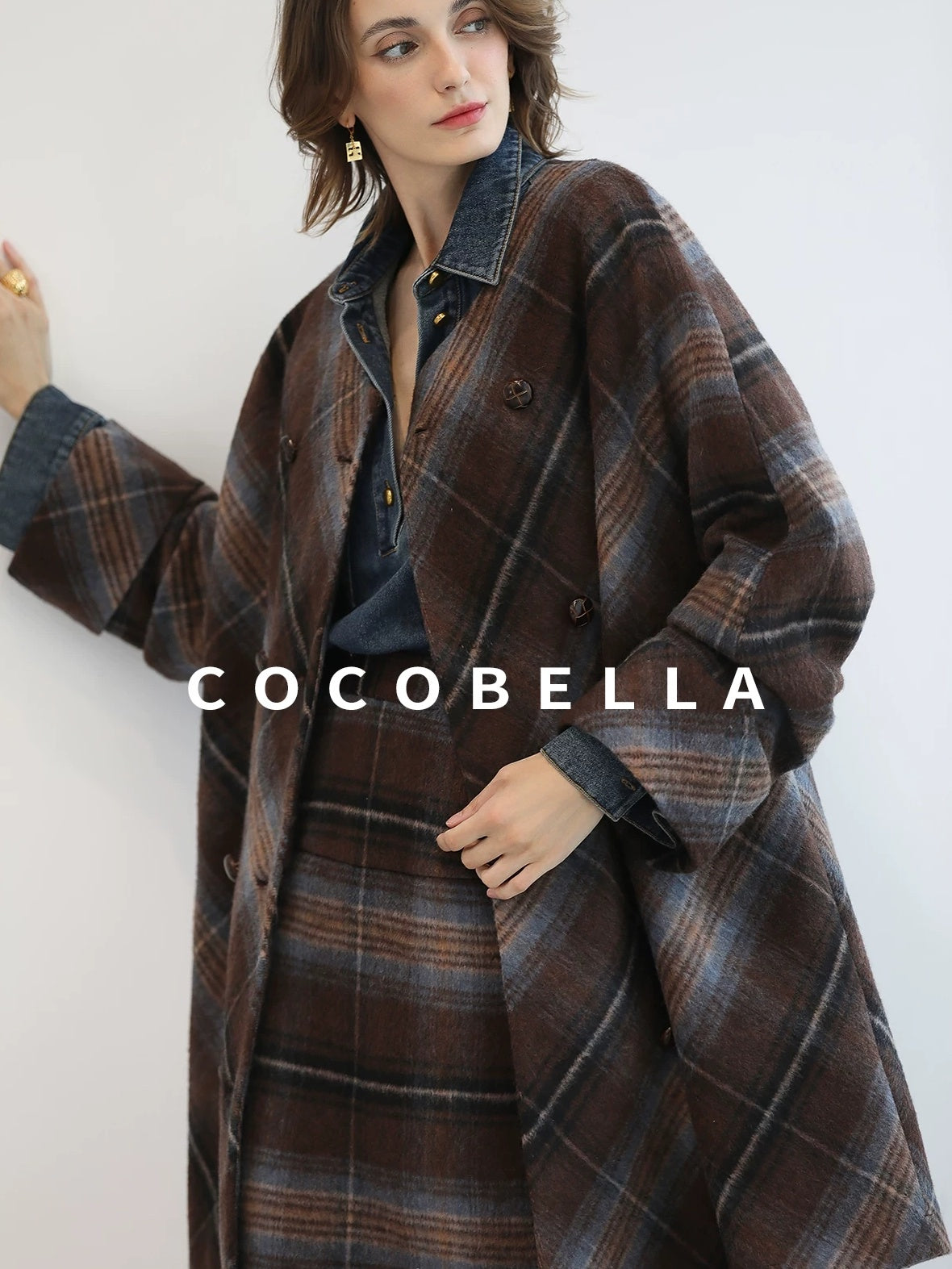 COCOBELLA Warm Wool Blend Midlength Loose Retro Double Breasted Plaid Fringe Button Coats